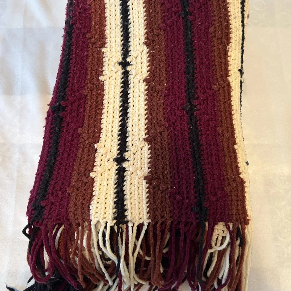 Vintage Crochet Brown Cream Stripe Handmade Blanket Throw Afghan with fringe